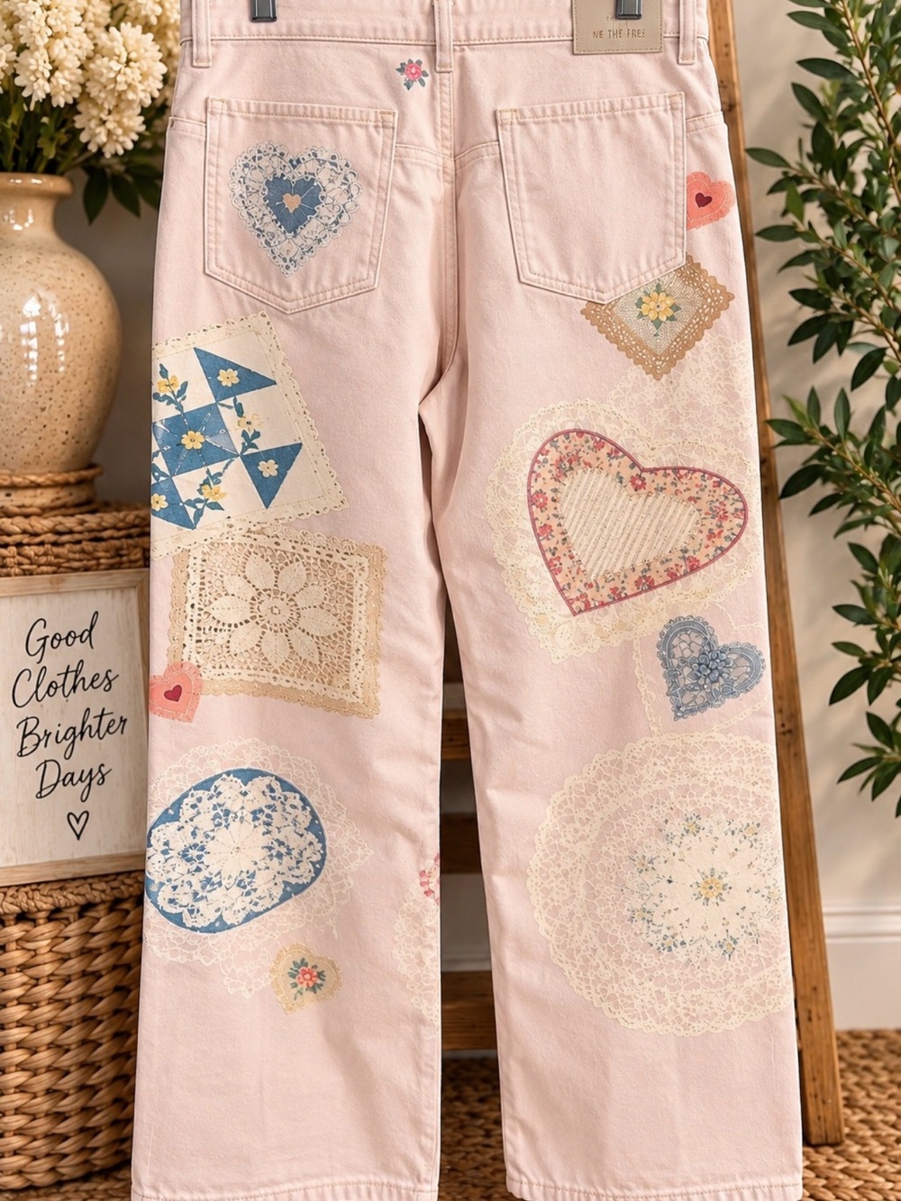 Free People We The Free Illusion Printed Straight Leg Jeans Pink Hearts NWT 31 - Picture 2 of 4